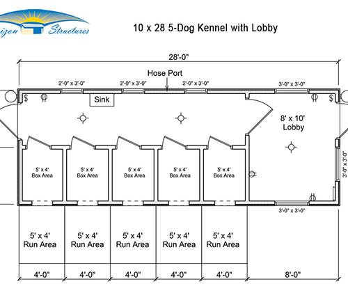 10x28 5 Dog Kennel with Lobby Layout