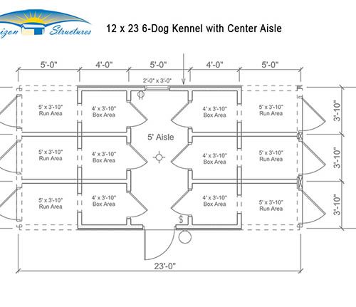 12x23 6 Dog Kennel with Center Aisle Layout