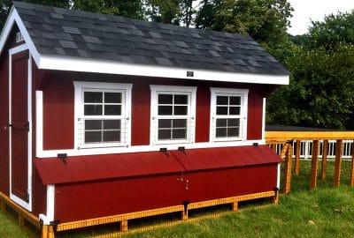 Super Coop with painted wood siding and chicken run