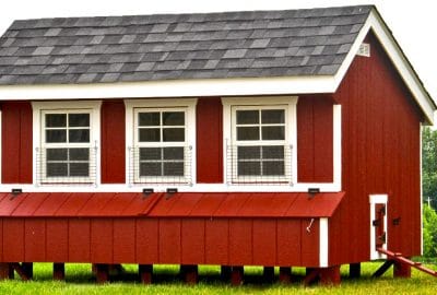 Super Coop with painted wood siding / chicken door