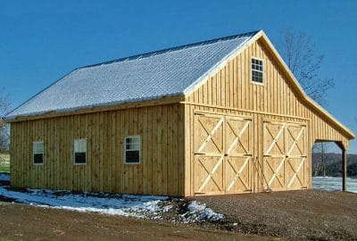 36x24 Two Car Two Story Modular Garage/Barn Combo - Board and Batten Siding - Overhang - With Loft