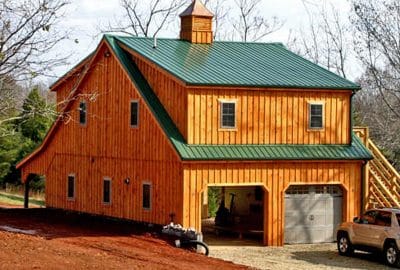 36x24 Two Car Two Story Modular Garage/Barn Combo - Board and Batten Siding - Overhang - With Loft