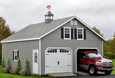 24x24 2 Car 2 Story Garage - A-Frame Roof - Carriage Doors - With Cupola and Weathervane