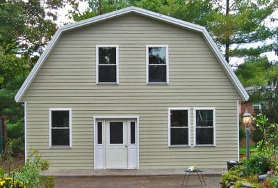 24x28 2-Car 2 Story Custom Garage - Metal Gambrel Roof - Vinyl Siding - Back View