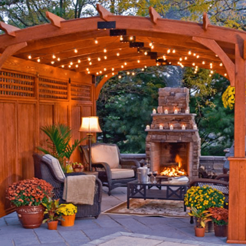 Gazebo with seats and lights. 