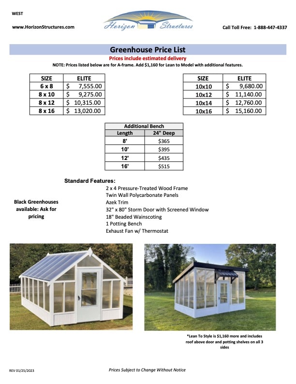 Greenhouses West Pricing