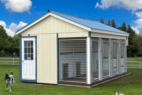 12x16 Four-Box Kennel - Slate Blue Metal Roof