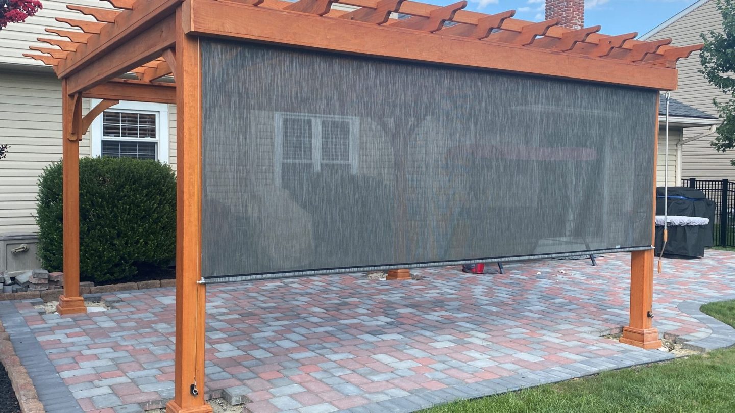 12x14 Traditional wood pergola, Canyon Brown Stain, Metallic Smoke Side Curtain